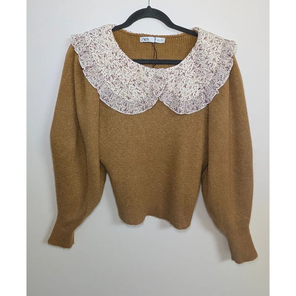 ZARA Tobacco Brown knit sweater with contrasting print ruffle collar Size L - Picture 3 of 12